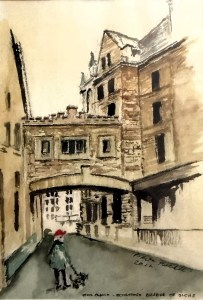 watercolor painting of the "bridge of sighs" - a stone, enclosed walkway suspended between two buildings